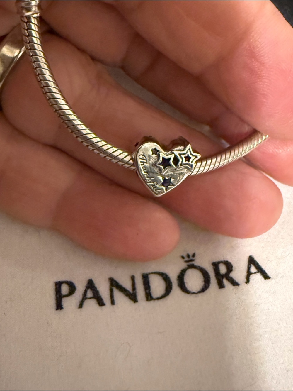 Pandora Silver 'Blessed' Heart Charm with Star Cutouts